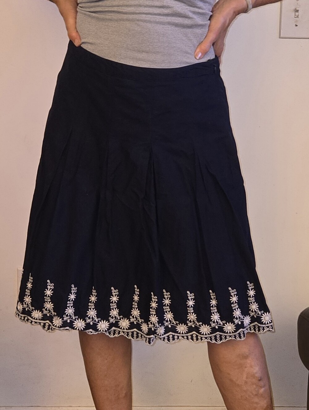BASS Cotton Navy Skirt With Floral Embroidered Hem